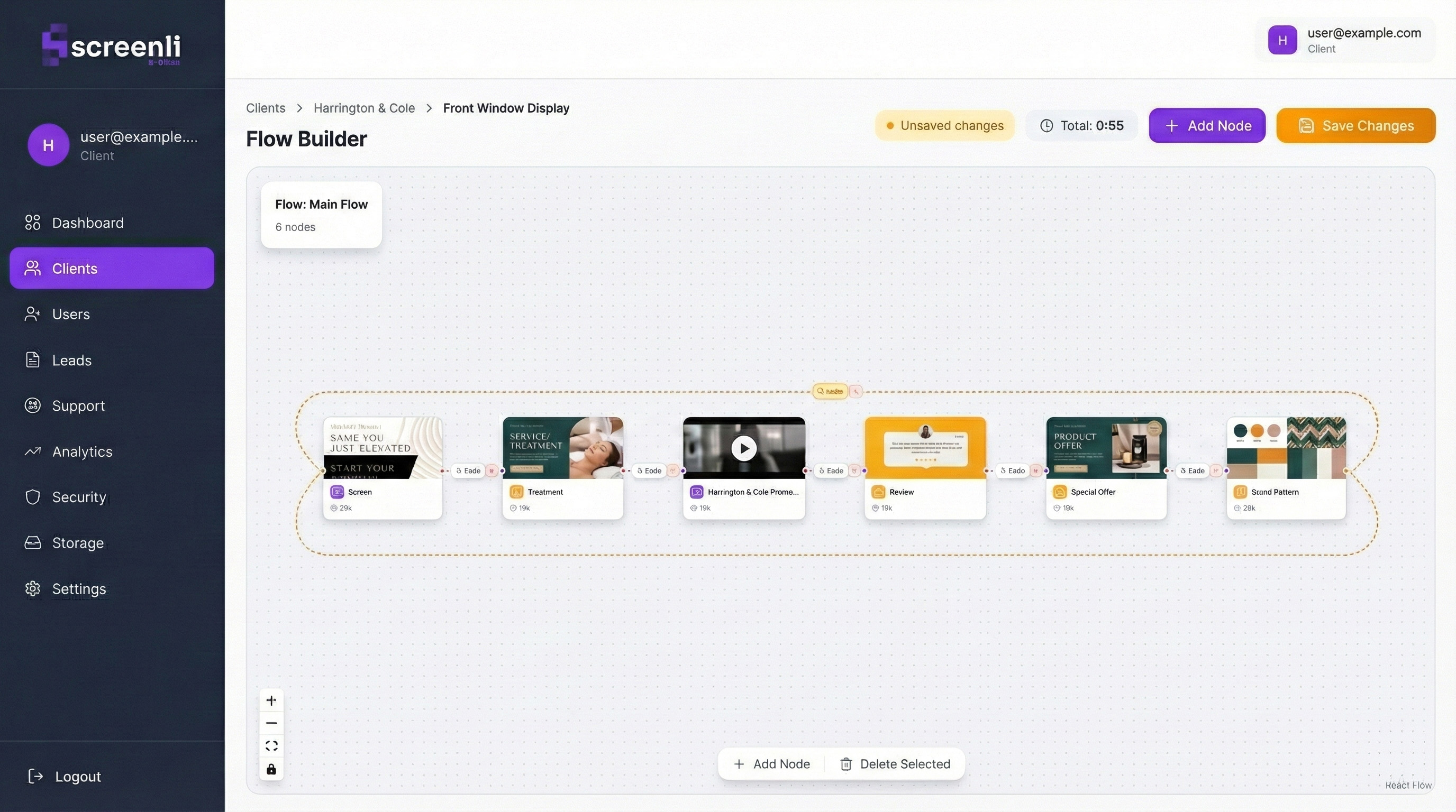 The Screenli dashboard, the workspace where playlists and integrations are composed
